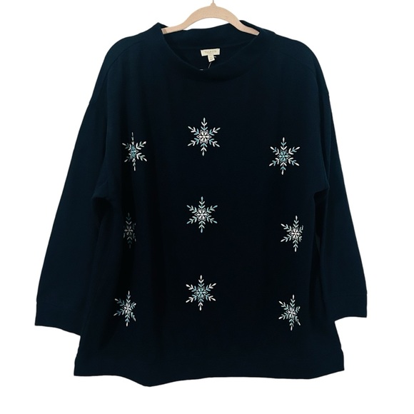 TALBOTS NWT Snowflake Soft Embroidered Nave Winter Sweatshirt Long Sleeve - Picture 1 of 13